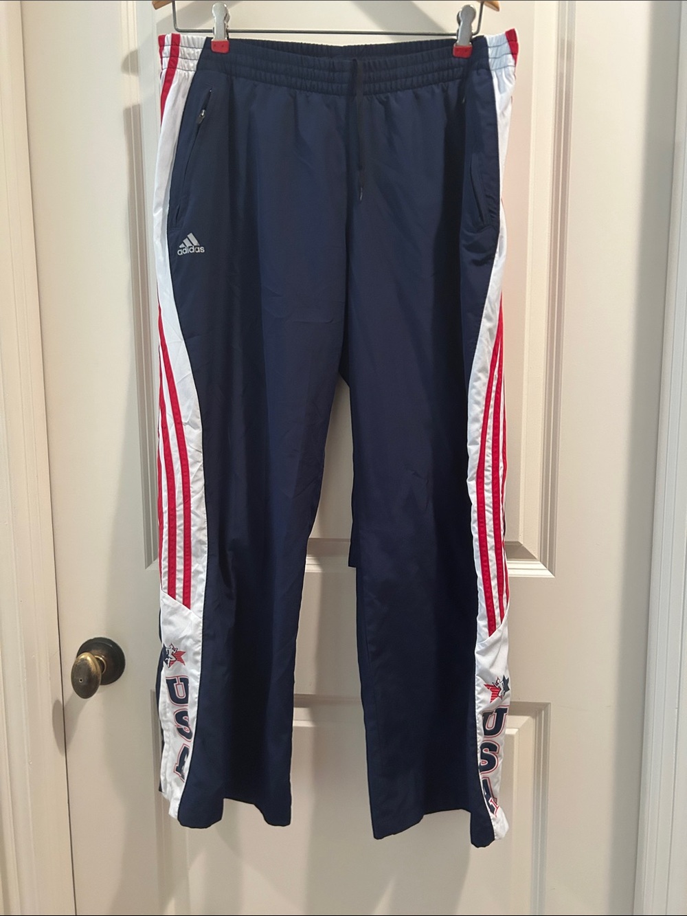 Adidas USA Olympic style Navy Track Pants w/Red White Side Panels zip pocket L